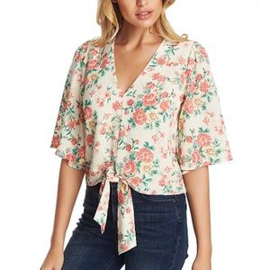 1. State Floral Top Size 1X Tie Waist Flowy Flounce Sleeves V-Neck Cream Pink